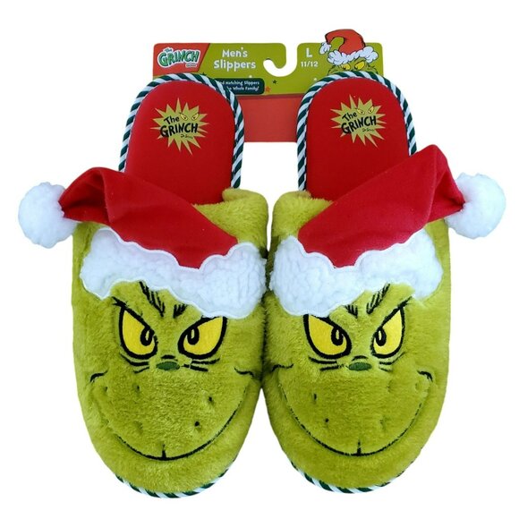 New Grinch Santa Slippers Green Red Plush Christmas House Shoes Mens Large 11/12 - Picture 10 of 11